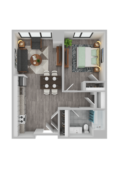 Floor plan for 1 bed, 1 bath, 610 sqft